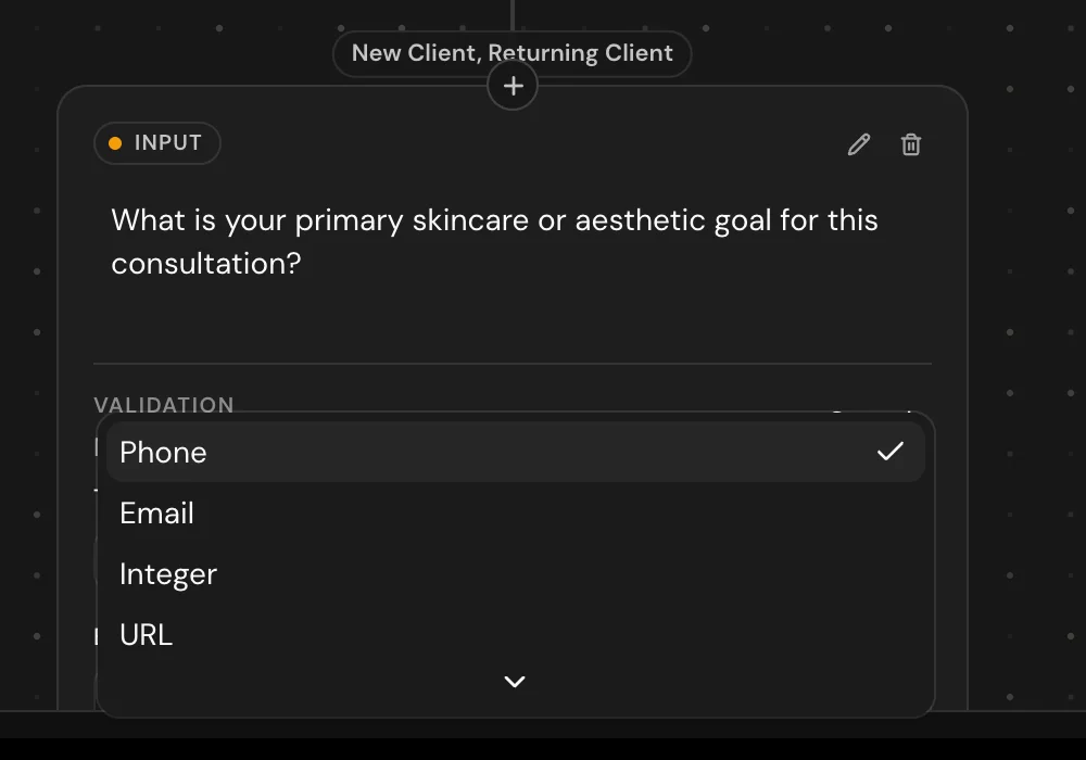 The validation type selector open on an input node