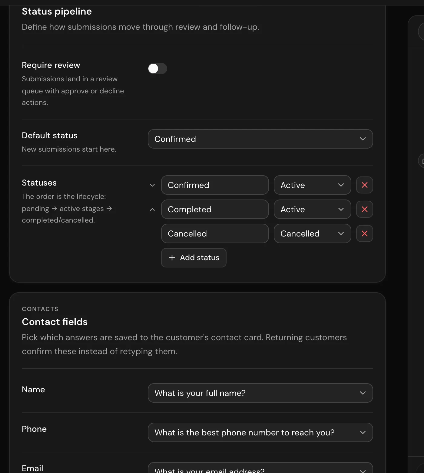 The review pipeline and statuses section inside the Configure tab