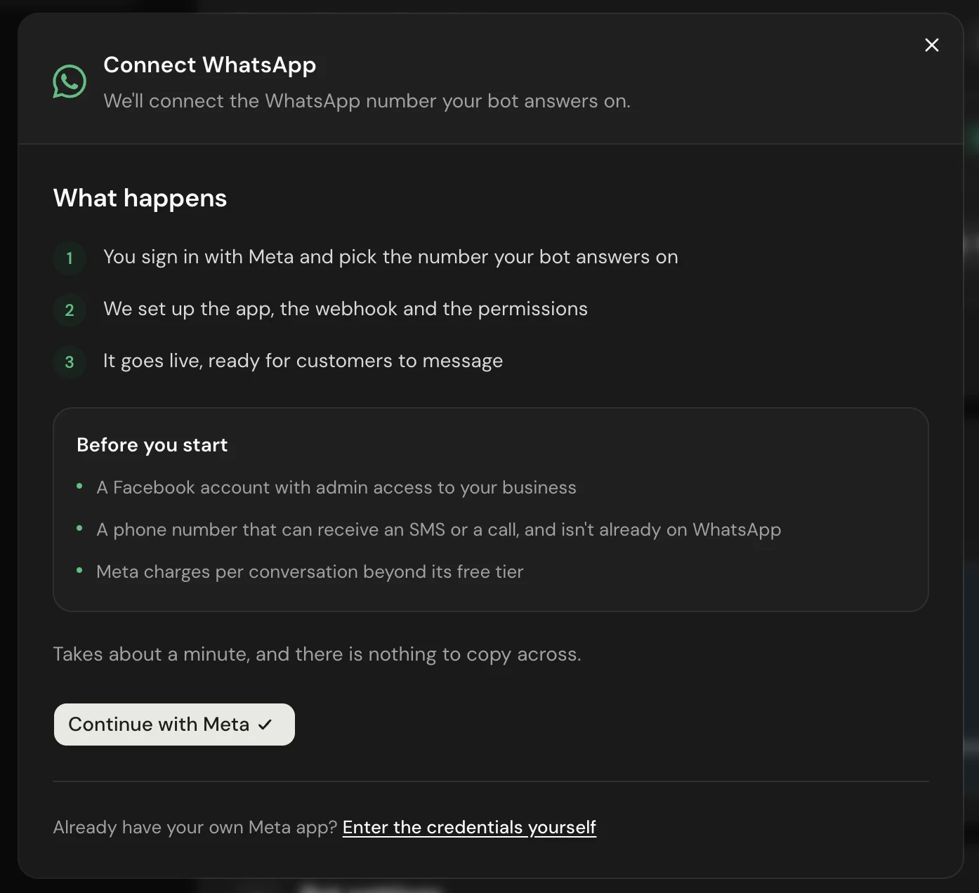 The Connect WhatsApp dialog, listing what happens and what you need before starting