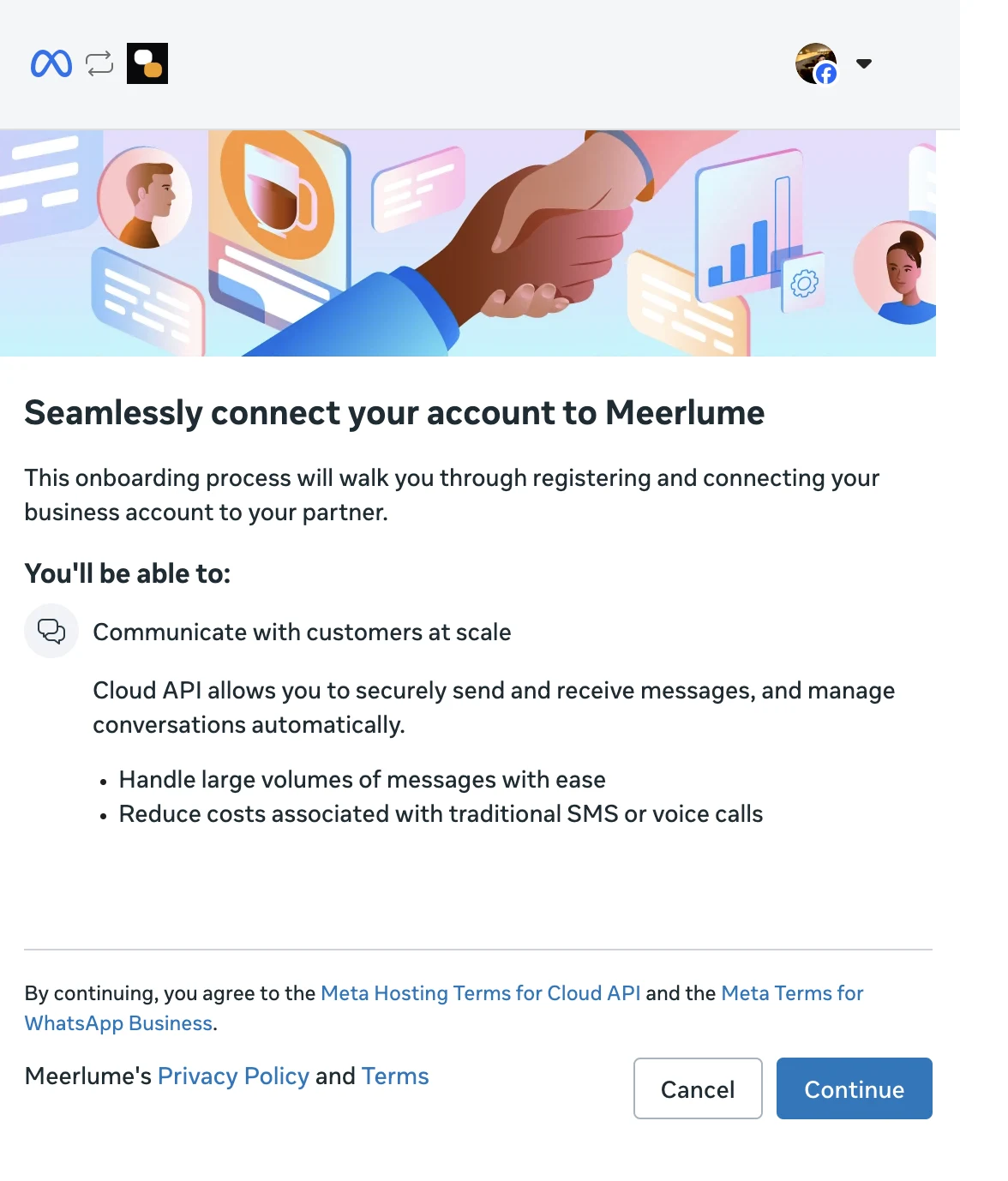 Meta's onboarding dialog asking you to connect your business account to Meerlume