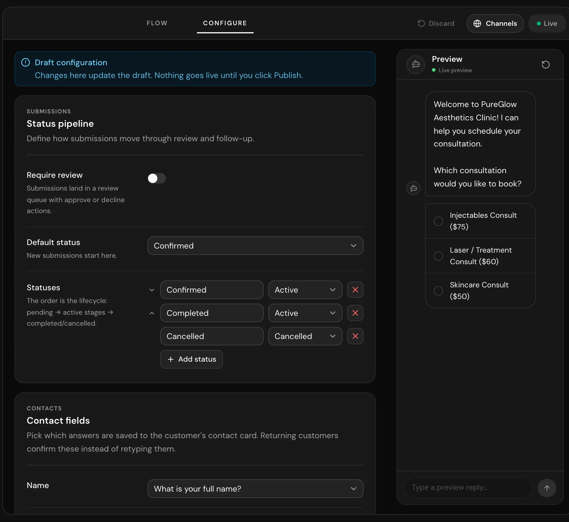 The Configure tab showing bot name, review pipeline, and notification settings